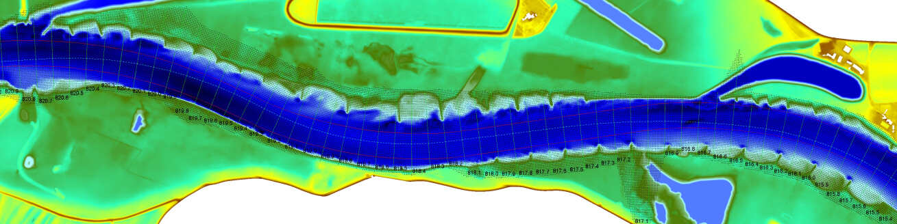 Banner der Kopfzeile, Flussabschnitt mit farblichem Höhenprofil und Rasterpunkten auf dem Gewässer.